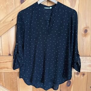 Lush Polka Dot Blouse Womens Large Black Roll Tab Sleeve Split Neck Tunic